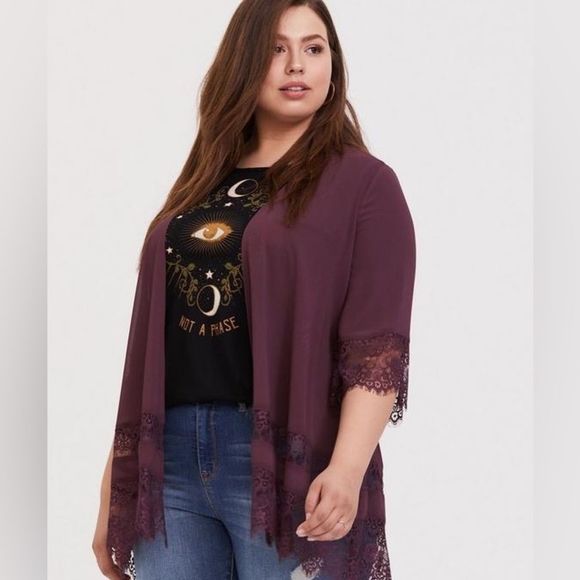 Torrid Chiffon Lace Mix Kimono 3/4X - Picture 2 of 7